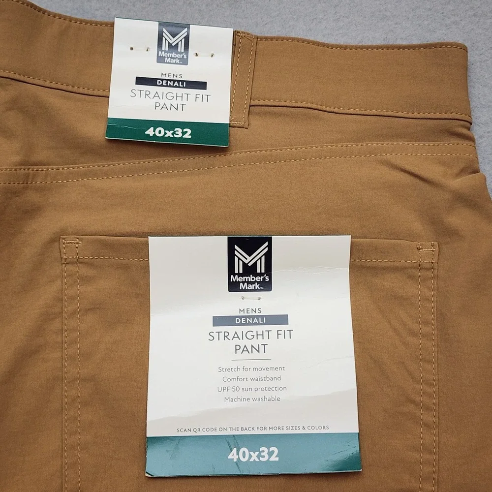 Members Mark Denali Mens Straight Fit Pants 40x32 Brown Stretch UPF 50 NWT
